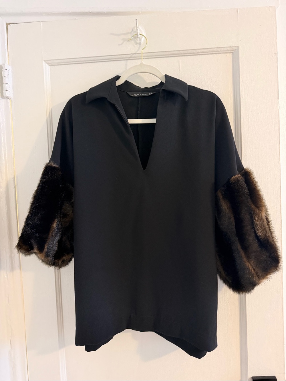 Zara Black V-Neck Tunic with Faux Fur Cuffs